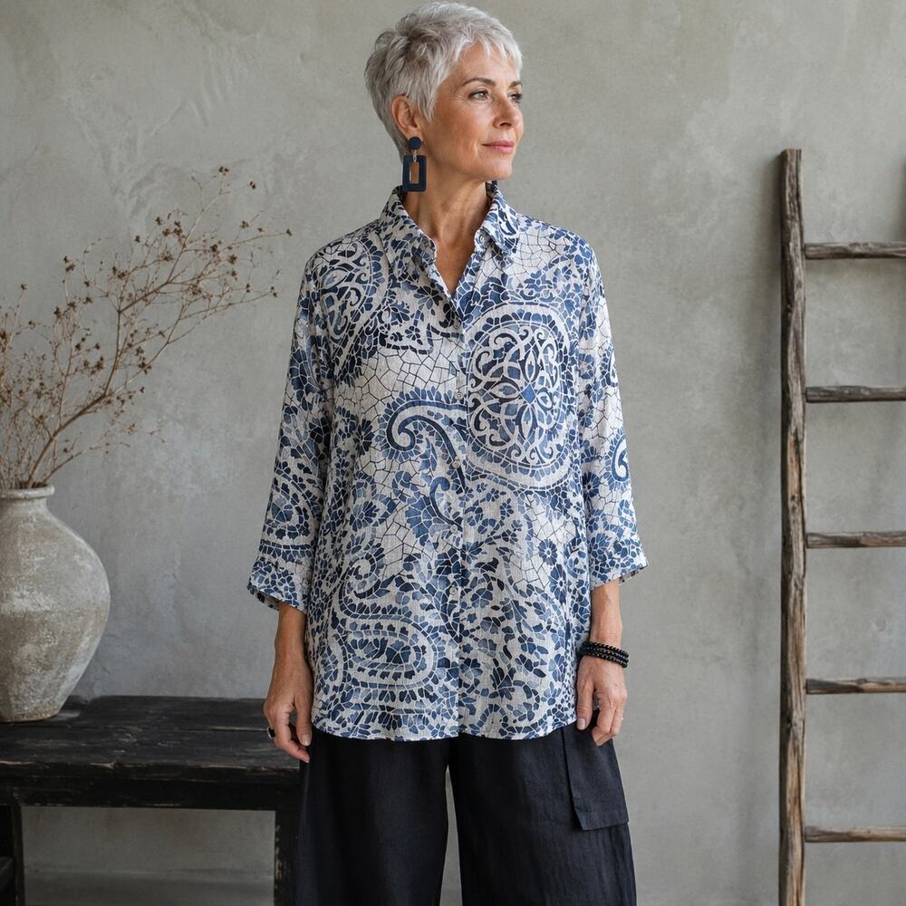 Chico's Blue White Paisley Sheer Button Up Top 2
